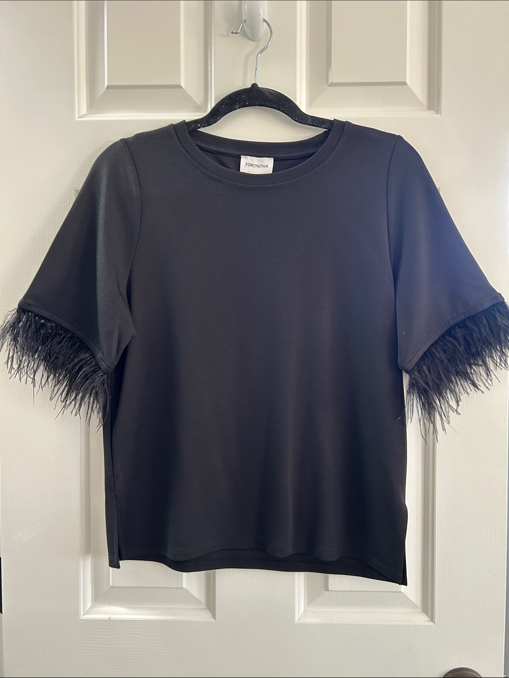 S ForCythnia Black Short Sleeve Top with Feather Trim